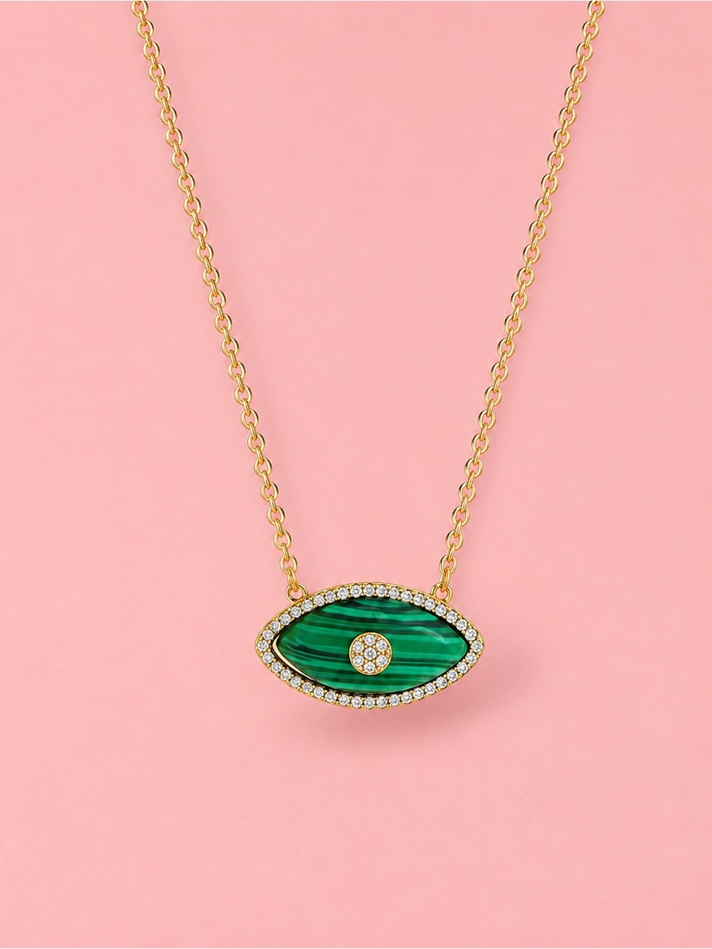 Green Malachite Evil Eye Necklace – Gold Shell Eye Pendant with Crystals